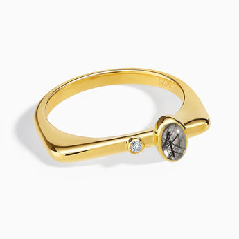 18KT Yellow Gold Vermeil Cabochon Black Rutilated Quartz Puzzle Stacking Ring - Minimal Bubble Front View