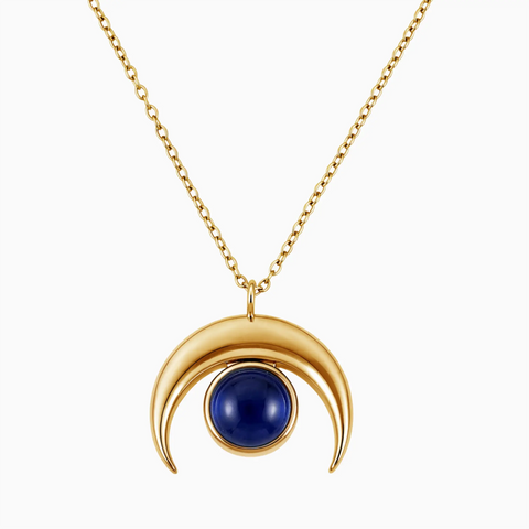 18KT Yellow Gold Vermeil Cabochon Blue Sapphire Crescent Moon Necklace - Lunar Halo Front View