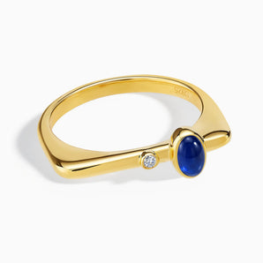 18KT Yellow Gold Vermeil Cabochon Blue Sapphire Puzzle Stacking Ring - Minimal Bubble Front View