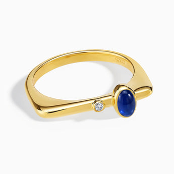 18KT Yellow Gold Vermeil Cabochon Blue Sapphire Puzzle Stacking Ring - Minimal Bubble Front View