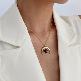 18KT Yellow Gold Vermeil Cabochon Garnet Crescent Moon Necklace - Lunar Halo Worn View