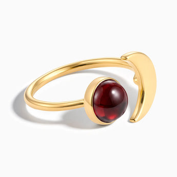 18KT Yellow Gold Vermeil Cabochon Garnet Crescent Open Ring - Cosmic Path Front View