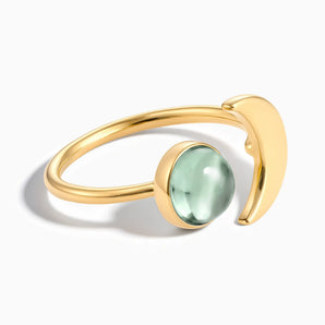 18KT Yellow Gold Vermeil Cabochon Green Amethyst Crescent Open Ring - Cosmic Path Front View