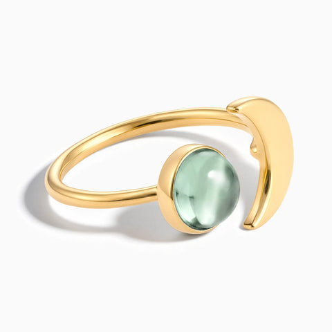 18KT Yellow Gold Vermeil Cabochon Green Amethyst Crescent Open Ring - Cosmic Path Front View