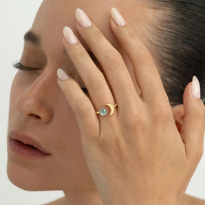 18KT Yellow Gold Vermeil Cabochon Green Amethyst Crescent Open Ring - Cosmic Path Model Shot