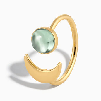 18KT Yellow Gold Vermeil Cabochon Green Amethyst Crescent Open Ring - Cosmic Path Side View