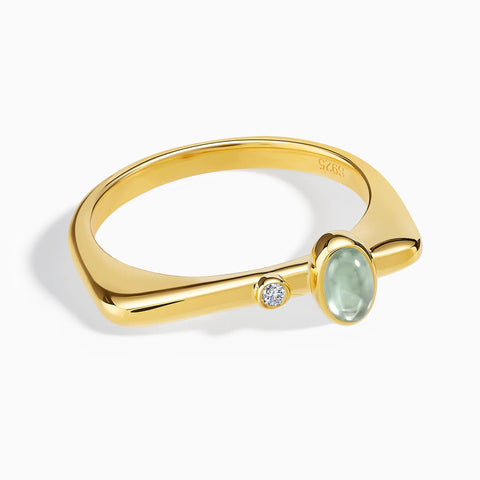 18KT Yellow Gold Vermeil Cabochon Green Amethyst Puzzle Stacking Ring - Minimal Bubble Front View