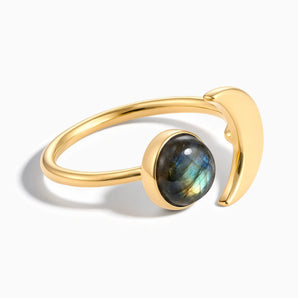 18KT Yellow Gold Vermeil Cabochon Labradorite Crescent Open Ring - Cosmic Path Front View