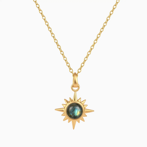18KT Yellow Gold Vermeil Cabochon Labradorite Radiant Necklace - Sunburst Front View