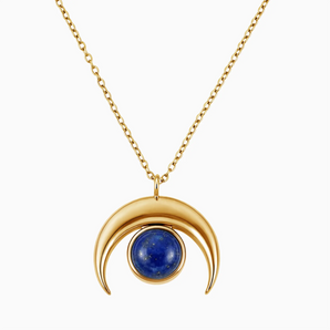 18KT Yellow Gold Vermeil Cabochon Lapis Lazuli Crescent Moon Necklace - Lunar Halo Front View