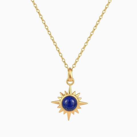 18KT Yellow Gold Vermeil Cabochon Lapis Lazuli Radiant Necklace - Sunburst Front View
