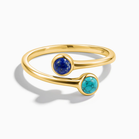 18KT Yellow Gold Vermeil Cabochon Lapis Lazuli & Turquoise Ring - Twins Collection Front View