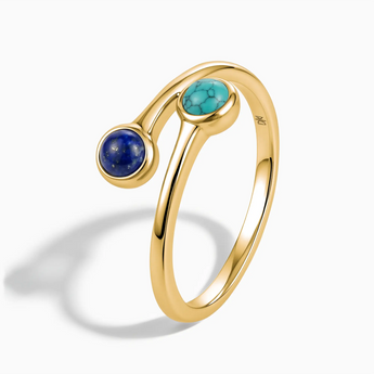 18KT Yellow Gold Vermeil Cabochon Lapis Lazuli & Turquoise Ring - Twins Collection Side View