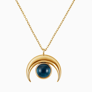 18KT Yellow Gold Vermeil Cabochon London Blue Topaz Crescent Moon Necklace - Lunar Halo Front View