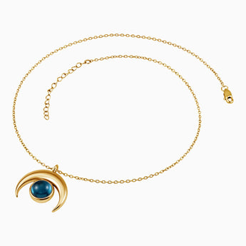18KT Yellow Gold Vermeil Cabochon London Blue Topaz Crescent Moon Necklace - Lunar Halo Side View