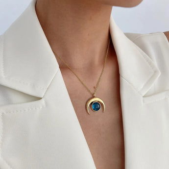 18KT Yellow Gold Vermeil Cabochon London Blue Topaz Crescent Moon Necklace - Lunar Halo Worn View