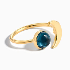 18KT Yellow Gold Vermeil Cabochon London Blue Topaz Crescent Open Ring - Cosmic Path Front View