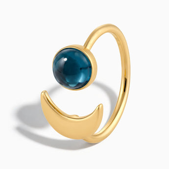18KT Yellow Gold Vermeil Cabochon London Blue Topaz Crescent Open Ring - Cosmic Path Side View