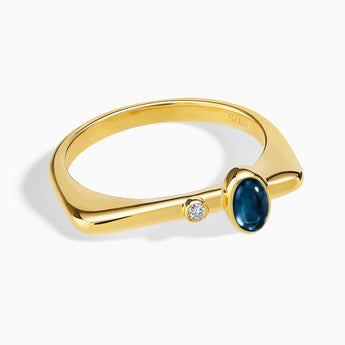 18KT Yellow Gold Vermeil Cabochon London Blue Topaz Puzzle Stacking Ring - Minimal Bubble Front View