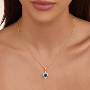 18KT Yellow Gold Vermeil Cabochon London Blue Topaz Radiant Necklace - Sunburst Model Shot
