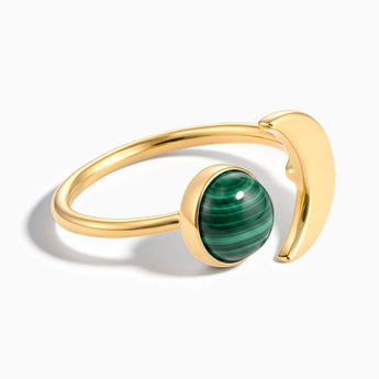 18KT Yellow Gold Vermeil Cabochon Malachite Crescent Open Ring - Cosmic Path Front View
