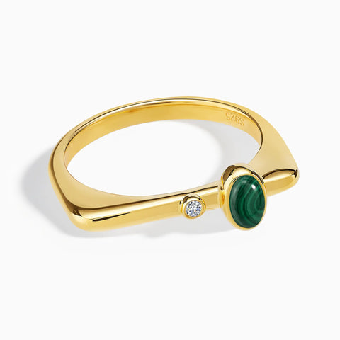 18KT Yellow Gold Vermeil Cabochon Malachite Puzzle Stacking Ring - Minimal Bubble Front View