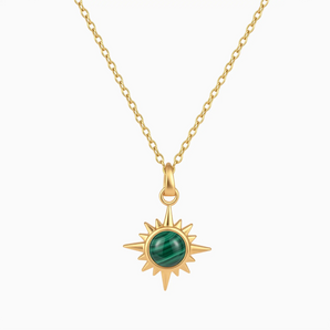 18KT Yellow Gold Vermeil Cabochon Malachite Radiant Necklace - Sunburst Front View
