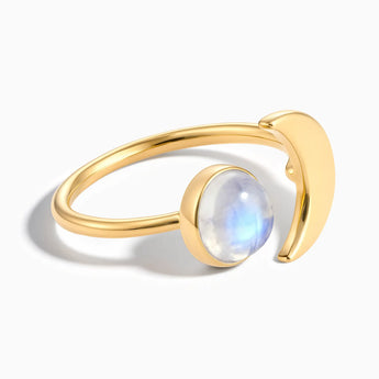 18KT Yellow Gold Vermeil Cabochon Moonstone Crescent Open Ring - Cosmic Path Front View