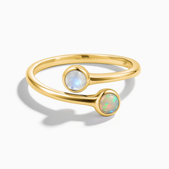 18KT Yellow Gold Vermeil Cabochon Moonstone & Opal Ring - Twins Collection Front View