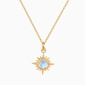 18KT Yellow Gold Vermeil Cabochon Moonstone Radiant Necklace - Sunburst Front View
