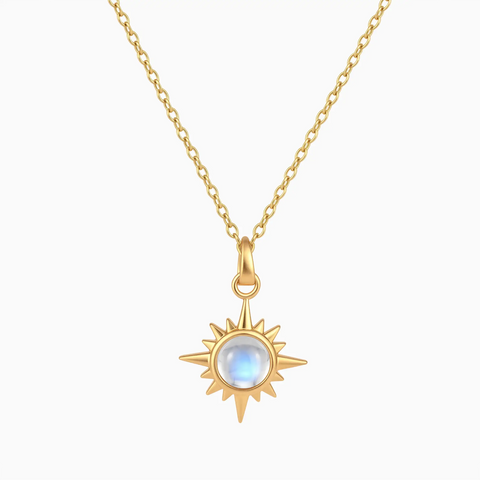 18KT Yellow Gold Vermeil Cabochon Moonstone Radiant Necklace - Sunburst Front View