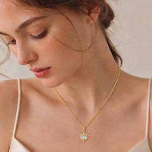 18KT Yellow Gold Vermeil Cabochon Moonstone Radiant Necklace - Sunburst Model Shot