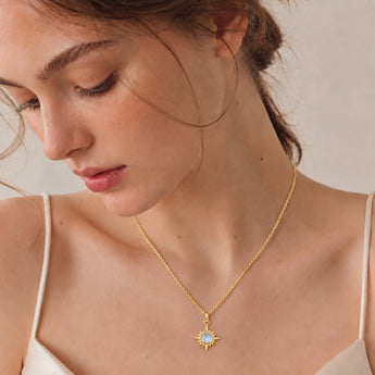 18KT Yellow Gold Vermeil Cabochon Moonstone Radiant Necklace - Sunburst Model Shot