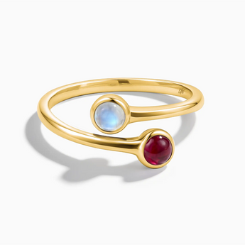 18KT Yellow Gold Vermeil Cabochon Moonstone & Ruby Ring - Twins Collection Front View