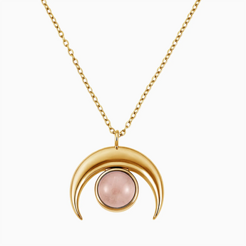 18KT Yellow Gold Vermeil Cabochon Morganite Crescent Moon Necklace - Lunar Halo Front View
