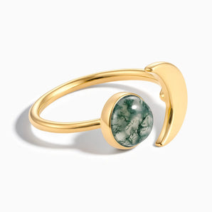 18KT Yellow Gold Vermeil Cabochon Moss Agate Crescent Open Ring - Cosmic Path Front View