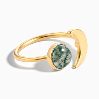 18KT Yellow Gold Vermeil Cabochon Moss Agate Crescent Open Ring - Cosmic Path Front View