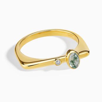 18KT Yellow Gold Vermeil Cabochon Moss Agate Puzzle Stacking Ring - Minimal Bubble Front View