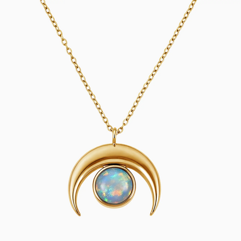 18KT Yellow Gold Vermeil Cabochon Opal Crescent Moon Necklace - Lunar Halo Front View