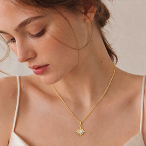 18KT Yellow Gold Vermeil Cabochon Opal Radiant Necklace - Sunburst Model Shot
