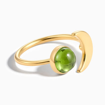 18KT Yellow Gold Vermeil Cabochon Peridot Crescent Open Ring - Cosmic Path Front View