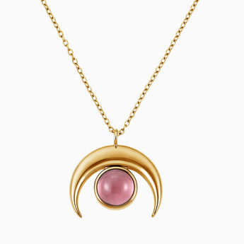 18KT Yellow Gold Vermeil Cabochon Pink Tourmaline Crescent Moon Necklace - Lunar Halo Front View