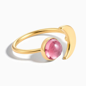 18KT Yellow Gold Vermeil Cabochon Pink Tourmaline Crescent Open Ring - Cosmic Path Front View