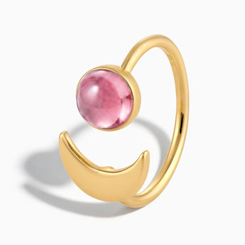 18KT Yellow Gold Vermeil Cabochon Pink Tourmaline Crescent Open Ring - Cosmic Path Side View