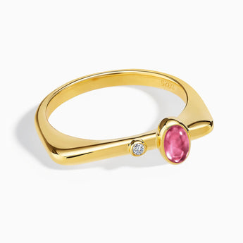 18KT Yellow Gold Vermeil Cabochon Pink Tourmaline Puzzle Stacking Ring - Minimal Bubble Front View