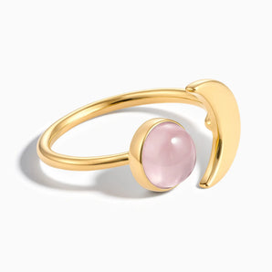 18KT Yellow Gold Vermeil Cabochon Rose Quartz Crescent Open Ring - Cosmic Path Front View
