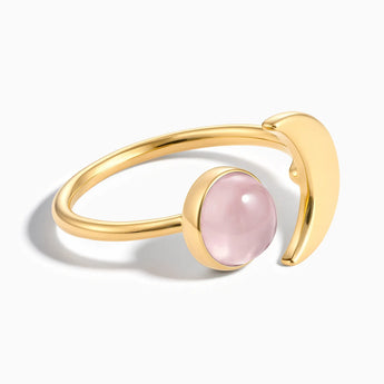 18KT Yellow Gold Vermeil Cabochon Rose Quartz Crescent Open Ring - Cosmic Path Front View