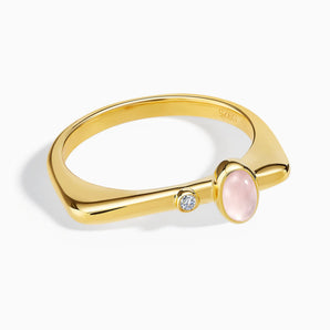 18KT Yellow Gold Vermeil Cabochon Rose Quartz Puzzle Stacking Ring - Minimal Bubble Front View
