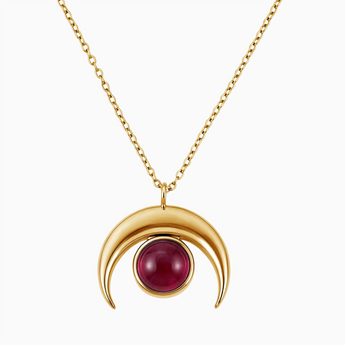 18KT Yellow Gold Vermeil Cabochon Ruby Crescent Moon Necklace - Lunar Halo Front View