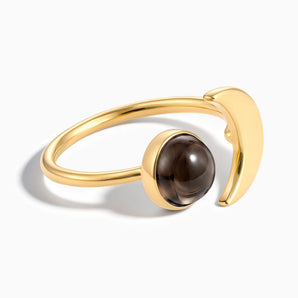 18KT Yellow Gold Vermeil Cabochon Smoky Quartz Crescent Open Ring - Cosmic Path Front View